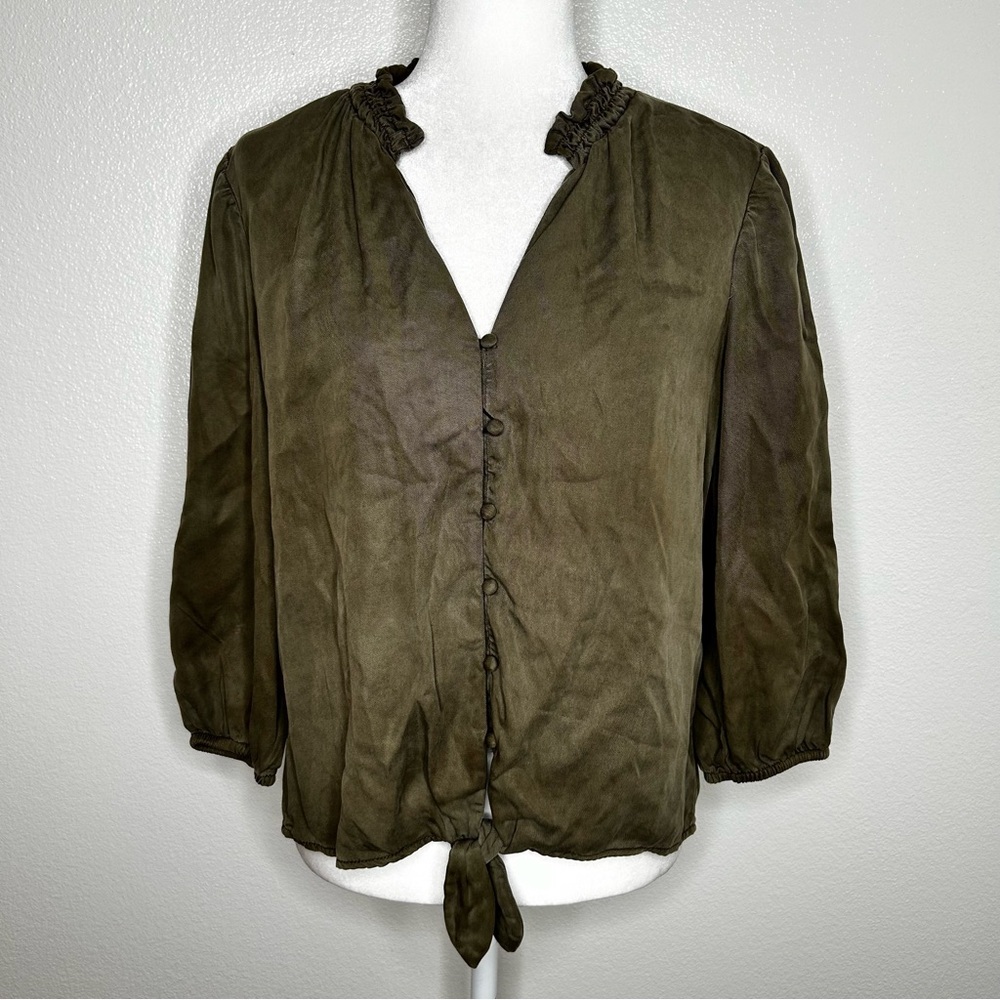 White House Black Market Womens Olive Green V-Neck Button Up Tie Front Top Sz S
